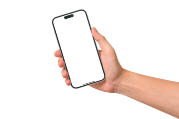 A hand showing a modern smartphone with a blank screen, isolated on transparent PNG.	