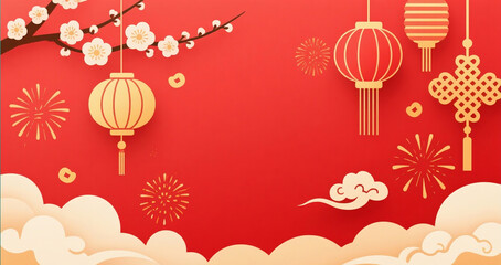 Chinese New Year festive mockup with red and gold palette, lanterns, fireworks, plum blossoms, Chinese knots, elegant paper-cut style, high-detail background for banners, posters, and social media