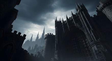 Obraz premium Dramatic low angle view of a dark gothic castle against a stormy sky background