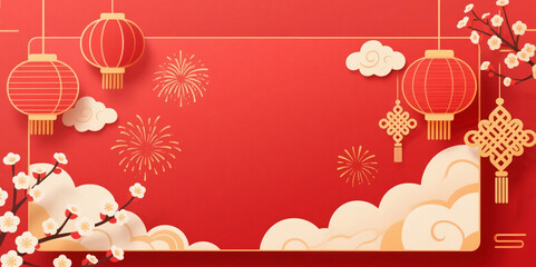 Chinese New Year festive mockup with red and gold palette, lanterns, fireworks, plum blossoms, Chinese knots, elegant paper-cut style, high-detail background for banners, posters, and social media