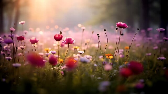 A closeup of a field of flowers during what appears to be the golden hour, with the sun casting a warm, golden hue over the scene. The flowers are in various stages of bloom.