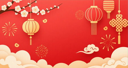 Chinese New Year festive mockup with red and gold palette, lanterns, fireworks, plum blossoms, Chinese knots, elegant paper-cut style, high-detail background for banners, posters, and social media