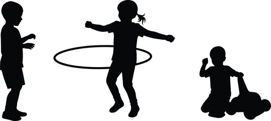 Silhouette of children playing with hula hoop and toy car, fun outdoor activity, childhood happiness, active kids, and playful recreation vector illustration