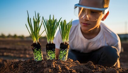 Young soil scientist wearing augmented reality glasses examines green onion sprouts with glowing digital roots in the dirt.