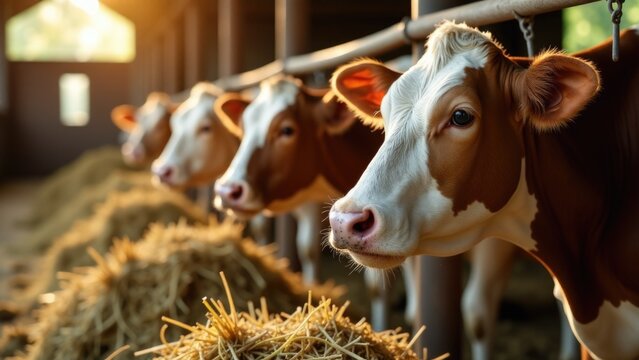 A group of cows with brown and white coats stand together, waiting or grazing
