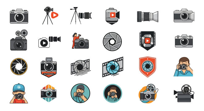 A collection of diverse camera and video icons, including photographers and equipment