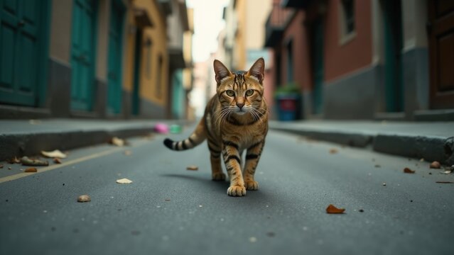 A feline friend strolling through an urban setting