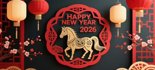 Happy Chinese New Year 2026, Year of the Horse, minimalist red and gold design, paper-cut motifs, stylized lanterns and blossoms, clean lines, modern Asian aesthetic, elegant festive vibe