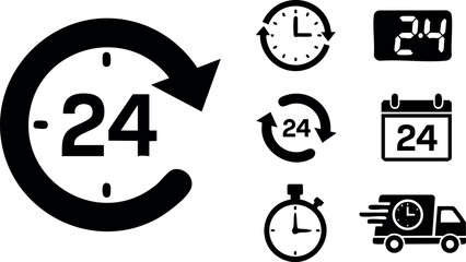 24 hour service clock icons set with delivery and calendar symbols for continuous business and time management vector illustration
