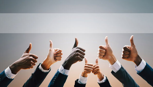 Multiple hands giving thumbs up in professional setting, symbolizing approval and positivity. diverse skin tones reflect unity and collaboration