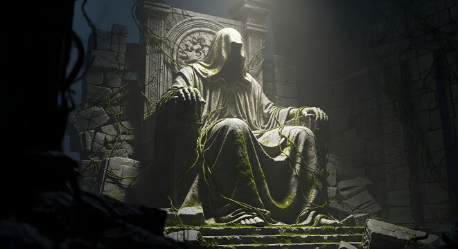 Ancient stone statue draped in cloth sits on a throne in a ruined temple setting