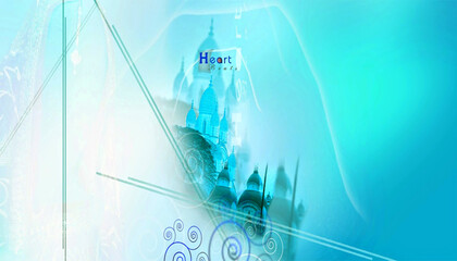 Abstract fantasy castle silhouette on a glowing turquoise background with decorative spiral elements
