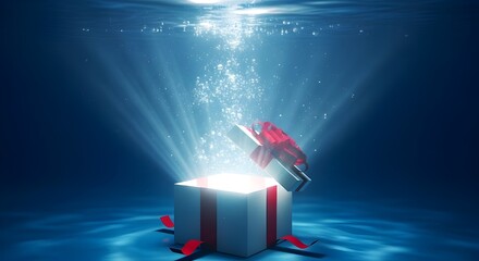 Mysterious glowing gift box submerged underwater with light beams and bubbles rising