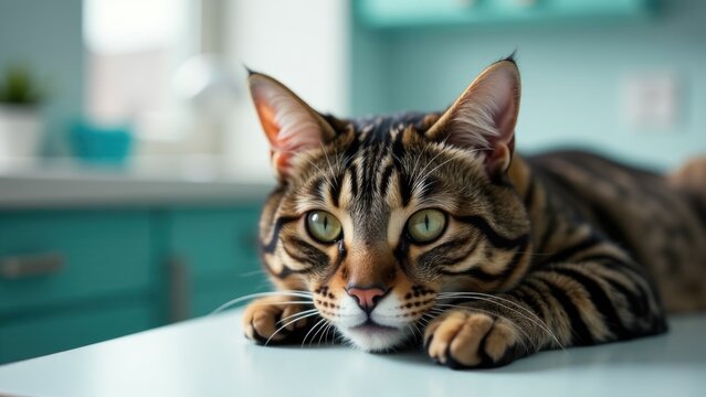 A domestic cat lying down on the counter in a kitchen, possibly looking for food or attention - Powered by Adobe