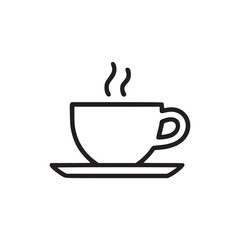 Simple line drawing of a cup of coffee with steam on a saucer against a white background space