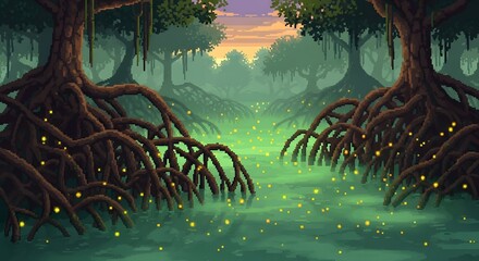 Pixel art depiction of a mysterious swamp at dusk with glowing lights on the water and large trees with exposed roots.