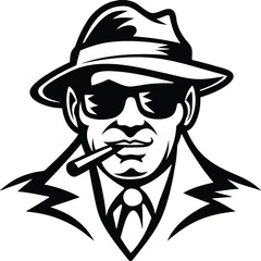 Isolated cartoon man wearing a fedora and sunglasses smokes a cigar in black and white