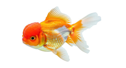 Fototapeta premium Isolated orange lionhead goldfish swimming, a freshwater aquarium pet, decorative animal