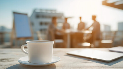 A coffee cup, whiteboard, and digital tablet
