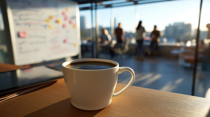 A coffee cup, whiteboard, and digital tablet