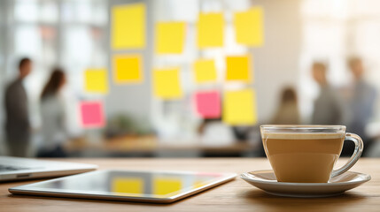 A coffee cup, whiteboard, and digital tablet