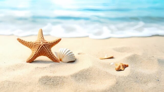 Aerial view of a sandy beach with waves crashing onto the shore, and a starfish and seashells scattered across the sand. The sky is clear with a gradient of blue.