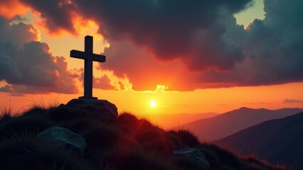 A cross stands atop a mountain as the sun sets behind, casting a warm glow