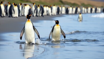 A group of penguins walking along the beach, with the sun shining and the waves crashing