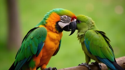 A pair of vibrant birds sitting on a tree branch, showcasing their bright plumage and intricate details