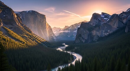 Glorious sunrise over Yosemite Valley from the iconic Tunnel View.
