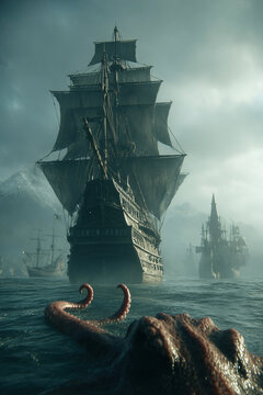 Giant sea monster octopus attacks medieval galleon in the vast open sea