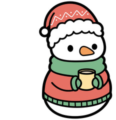 Snowman in Winter Hat Drinking Cocoa – Kawaii Christmas Clipart