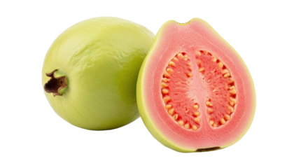 Isolated cut guava and whole fruit show the red flesh and seeds of tropical ingredient