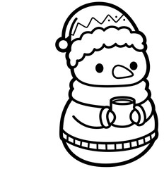 Snowman in Winter Hat Drinking Cocoa – Kawaii Christmas Clipart
