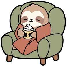 Sloth Relaxing in Armchair with Hot Cocoa – Cozy Christmas Clipart