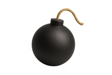 Round black bomb with a burning fuse, symbolizing danger, explosion, and urgency, isolated on transparent background