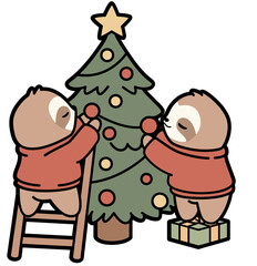 sloths Decorating Christmas Tree – Cute Holiday Scene Clipart
