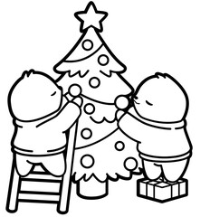sloths Decorating Christmas Tree – Cute Holiday Scene Clipart