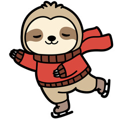 Cute Sloth Ice Skating in Winter Scarf – Christmas Kawaii Clipart