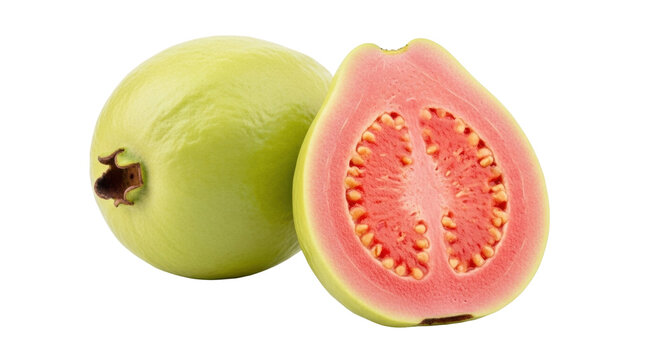 Isolated cut guava and whole fruit show the red flesh and seeds of tropical ingredient