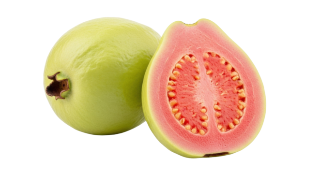 Isolated cut guava and whole fruit show the red flesh and seeds of tropical ingredient