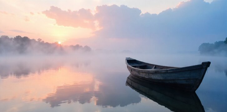 Old wooden rowboat, weathered and worn, gently bobbing near a misty lake shore at sunrise. An old, weathered wooden rowboat gently bobbing near a misty lake shore at sunrise. Soft, diffused light