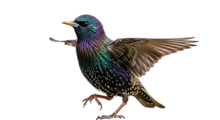 Isolated European Starling taking flight, beautiful colorful feathers, landing gracefully