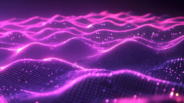 Digital wave pattern developing with glowing neon particles - Powered by Adobe