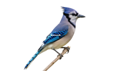 Isolated, perched blue jay bird facing right looking alert on a branch, North American fauna
