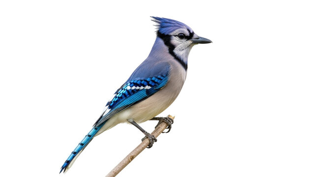 Isolated, perched blue jay bird facing right looking alert on a branch, North American fauna