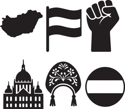 Hungarian national heritage symbols: map, flag, parliament, defiant fist, and traditional folk art celebrating culture, history, and identity isolated on white background, Vector, illustration