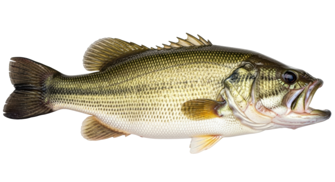 Isolated Large-Mouth Bass Freshwater Fish, Full Length Studio Shot, No People, Outdoors