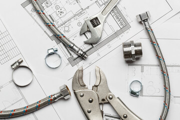 Plumbing tools and materials are on the drawing