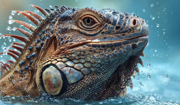 A colorful dragon lizard in the water. A close-up of the dragon lizard's head